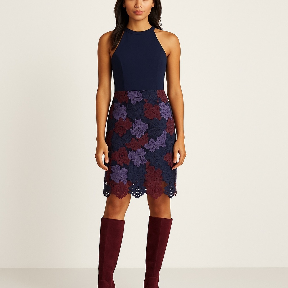 Maggy London dress crochet floral embellishments navy blue purple racer back